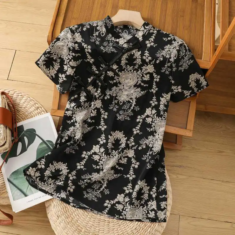 

Chinese Style Retro Printe Stand Up Collar Women Short Sleeve T-shirt Button Shirt Top Black Shirt Льняная Рубашка Женская