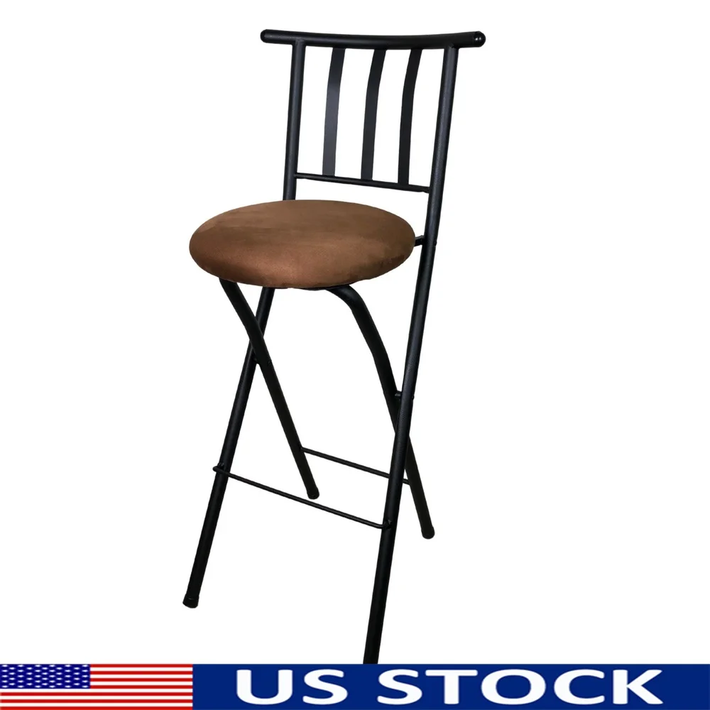

Indoor Folding Metal Bar Stool with Slat Back Microfiber Seat Footrest Durable Kitchen Seating Space Saver 300 lbs Capacity