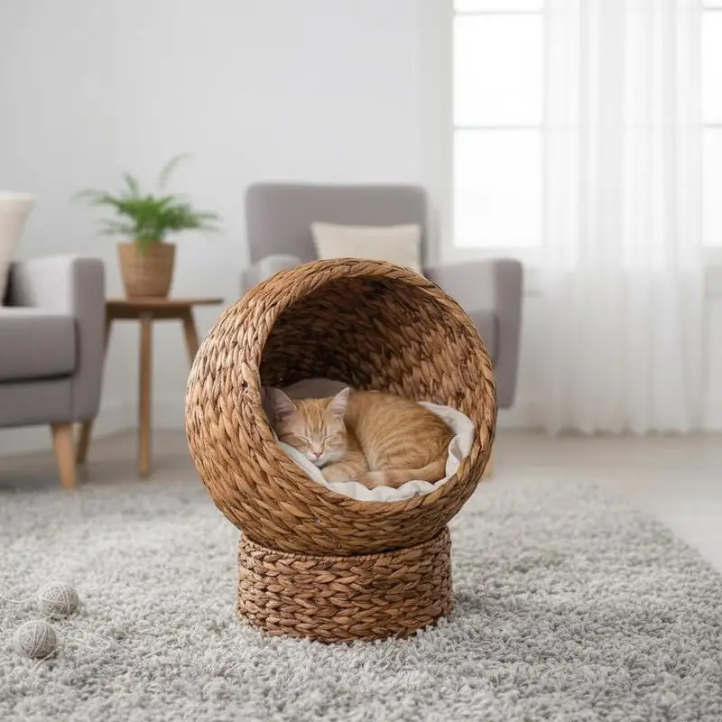 Panier pour chat en jacinthe d'eau marron 50x42x60cm, niche-lit avec coussin, livraison locale en Europe