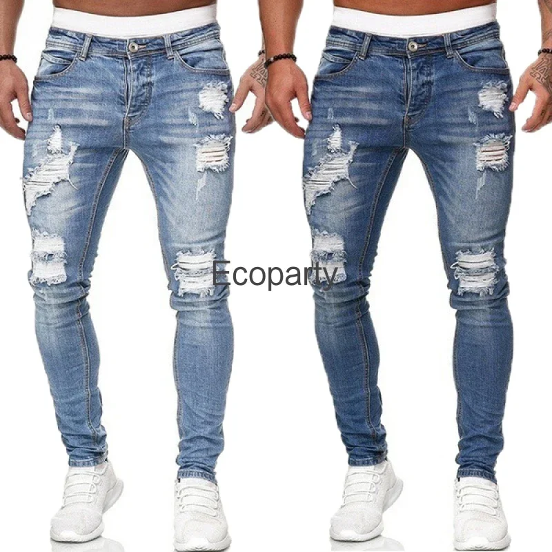

New Men's Fashion Ripped Jeans Blue Black Skinny Slim Fit Hip Hop Denim Trousers 2026 Casual Jeans For Men Jean Homme Streetwear