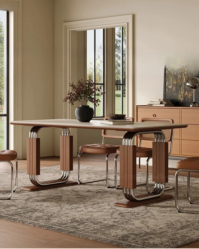 Mesa de comedor de losa de roca de travertino personalizable, sala de estar rectangular, roca de madera maciza retro