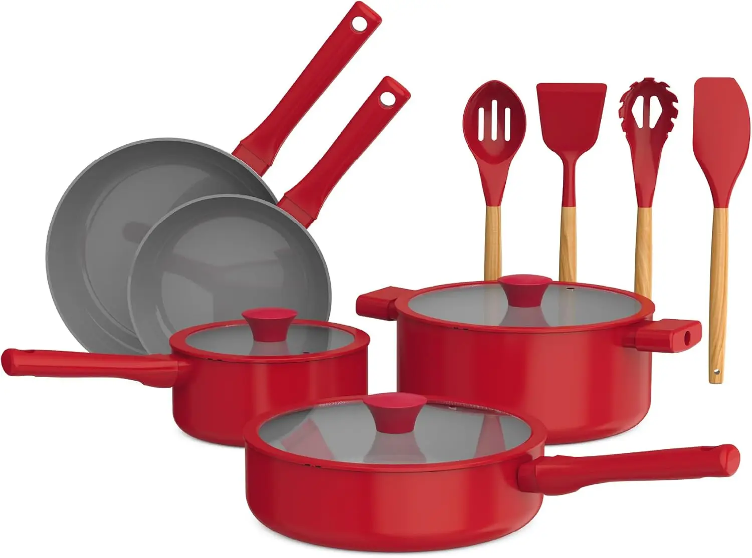 

So Yummy by bella 12 Piece Cookware Set w EverGood™ Ceramic Nonstick Coating​ and Silicone & Wood Utensils, Dishwasher Safe Sili