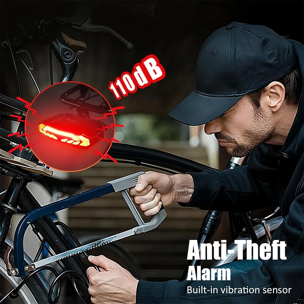 Alarma de luz trasera de bicicleta Hollarm con señales de giro luz de freno inteligente antirrobo alarma de bicicleta impermeable remoto USB