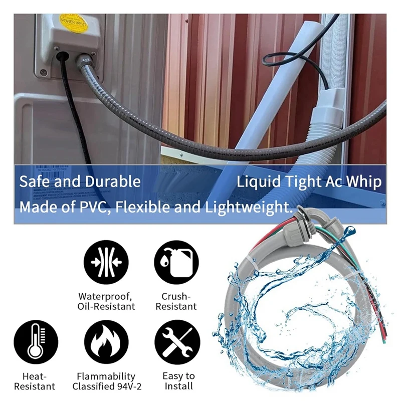 ABAE-1/2 นิ้ว 4Ft ท่อไฟฟ้า 10-Gauge Wire Ground Nonmetallic Liquid แน่นแส้ชุด AC Disconnect กล่องแส้