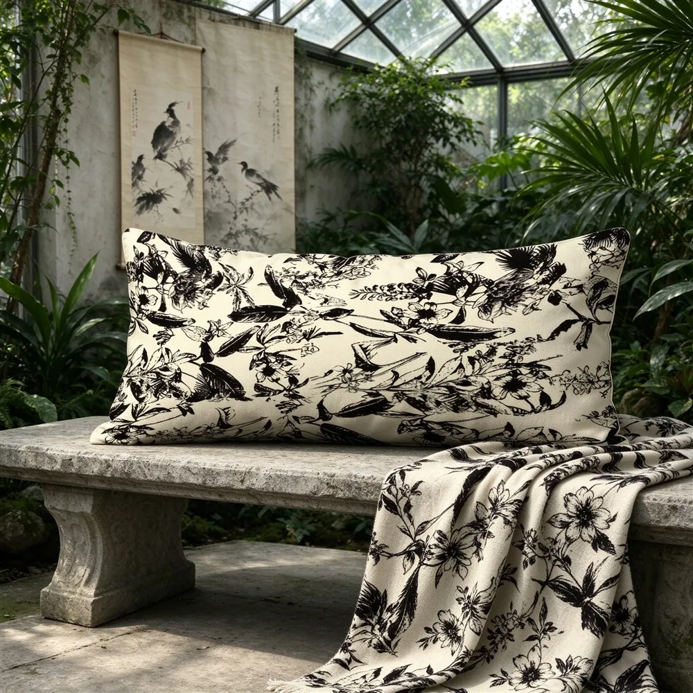 Black White Sumi-e Print Long Pillow Cover, Ink Wash Style, Conservatory Decorative, Polyester, Bench Cushion, Breathable
