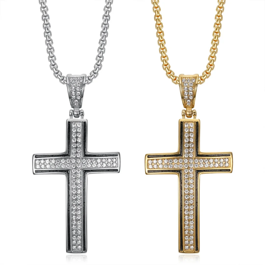 

Vintage Iced Out Bling Zircon Cross Pendant Male Gold Silver Color Stainless Steel Tennis Necklace for Man Jewelry Dropshipping