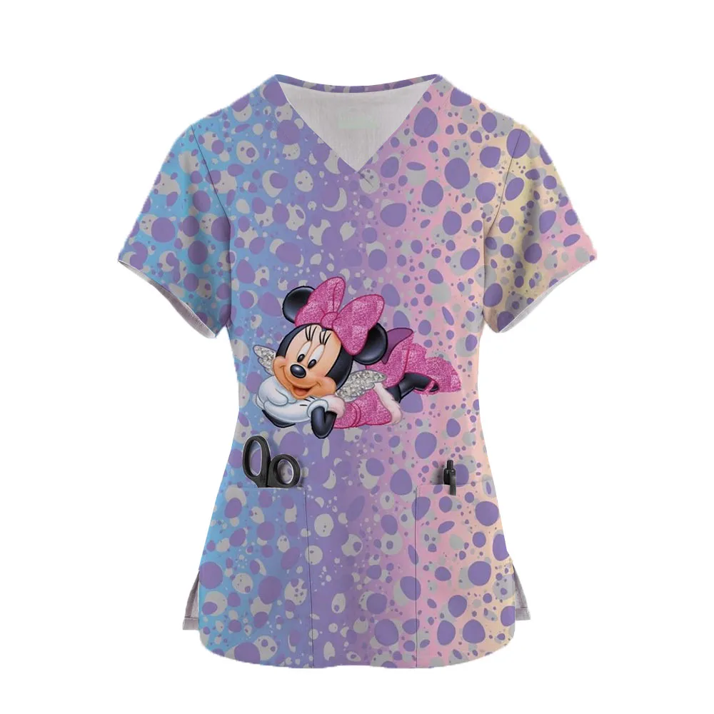 ديزني ميني طباعة زي موحد للممرضات للنساء ، أكمام قصيرة ، قمم الرقبة ، بلوزة العمل ، ملابس العمل ، قمصان التمريض