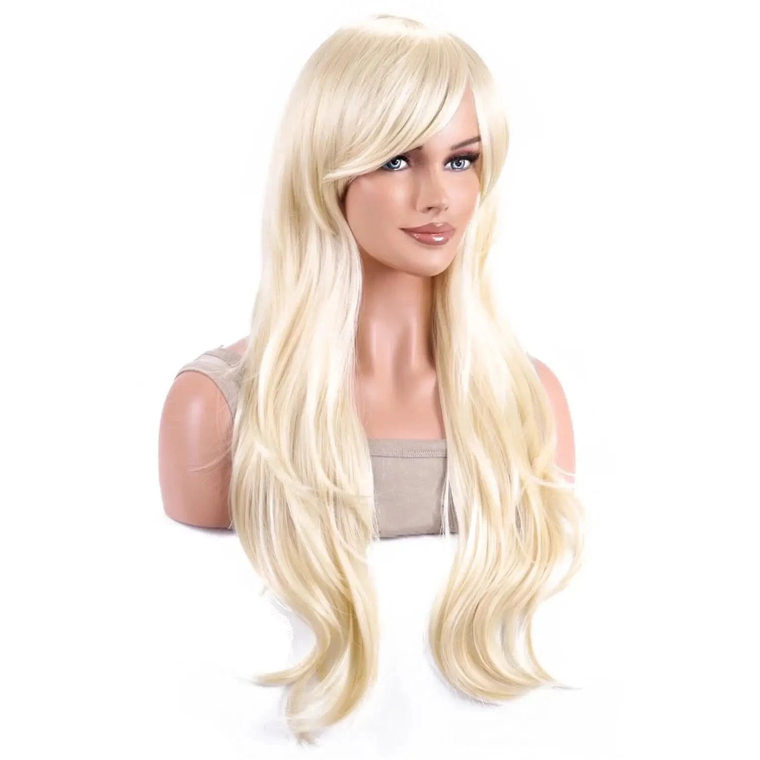 Medium Long Barbie Synthetic Wavy Wigs Blonde Hair Wig with Side Bangs for Ladies and Girls Daily Princess Use Cosplay Party