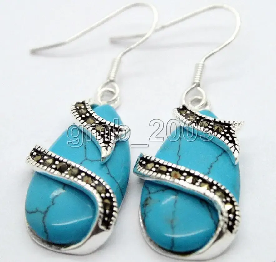 

best valentine's lady's 15*26mm blue Turquoise 925 Sterling Silver Marcasite Earrings