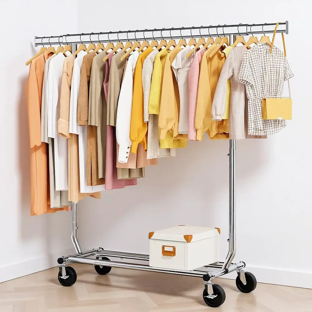 

Heavy Duty Clothing Rack Load 350 LBS, Rolling Garment Rack with Wheels and Extendable Rod, Collapsible Clothing Rack with Botto