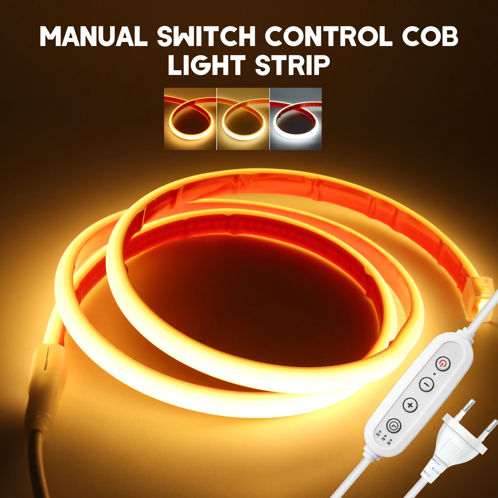 220V Switch Dimmable COB Neon LED Strip Light Waterproof Bright EU Power Dimmer Kit Flexible Adhesive Tape 288LEDs/M Home Decor