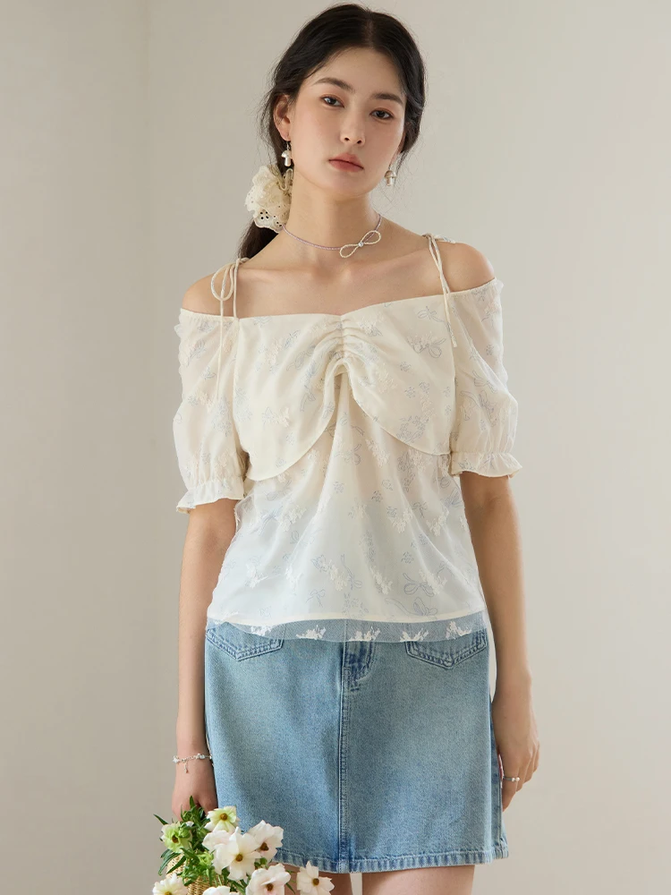 DUSHU Women Beige Floral Short Summer Chiffon Shirts Detachable Rose Brooch Decoration Female Short Sleeve Blouse 24DS82572