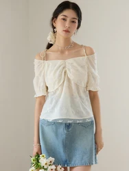 DUSHU Women Beige Floral Short Summer Chiffon Shirts Detachable Rose Brooch Decoration Female Short Sleeve Blouse 24DS82572