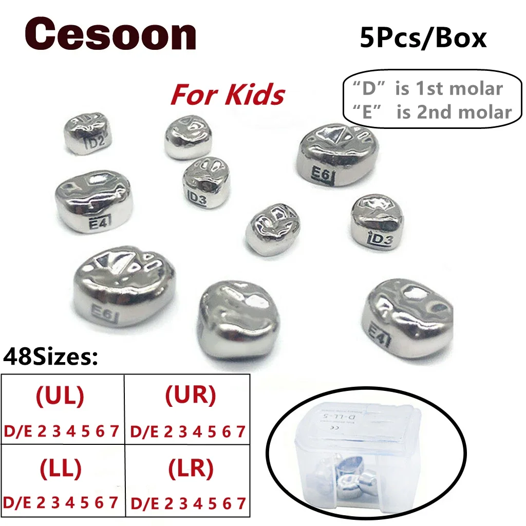 5Pcs/Box Dental Crown Kids Teeth Primary Molar Stainless Steel Temporary Molar Refill 1st/2nd D2-D7/E2-E7 Dentist Ortho Material