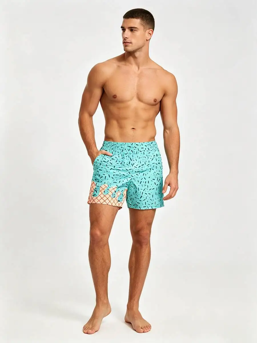 

Mens Quick Dry Athletic Shorts With Elastic Waist Ice Cream Print Summer Casual Board Shorts