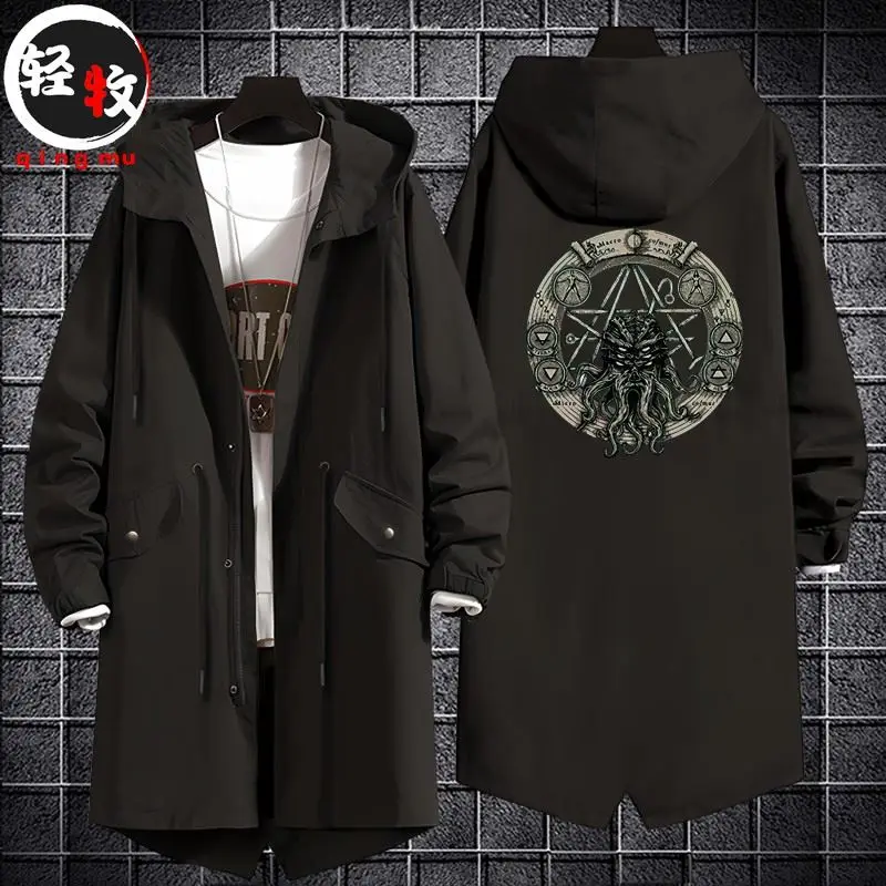 

Мужское длинное пальто с капюшоном в стиле мифологии Ктулху, с принтом Некрономикона, из полиэстера, осеннее, ветрозащитное, приталенного кроя