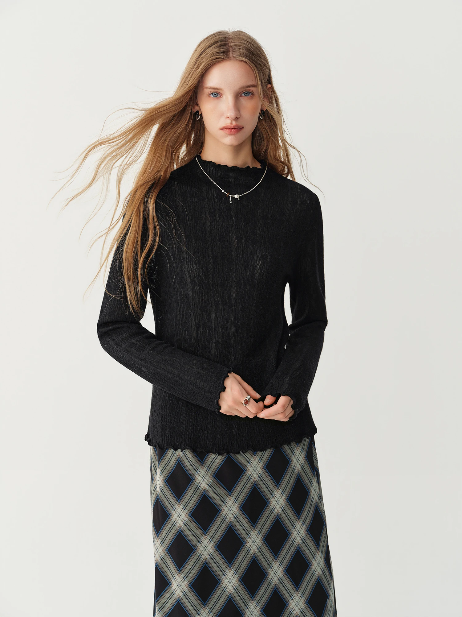 FSLE Women's Blue Faux Two‑Piece Retro Wool Knit Cardigan 2026 Winter New Polo Collar Long‑Sleeve Chic Versatile Ladies Knit Top