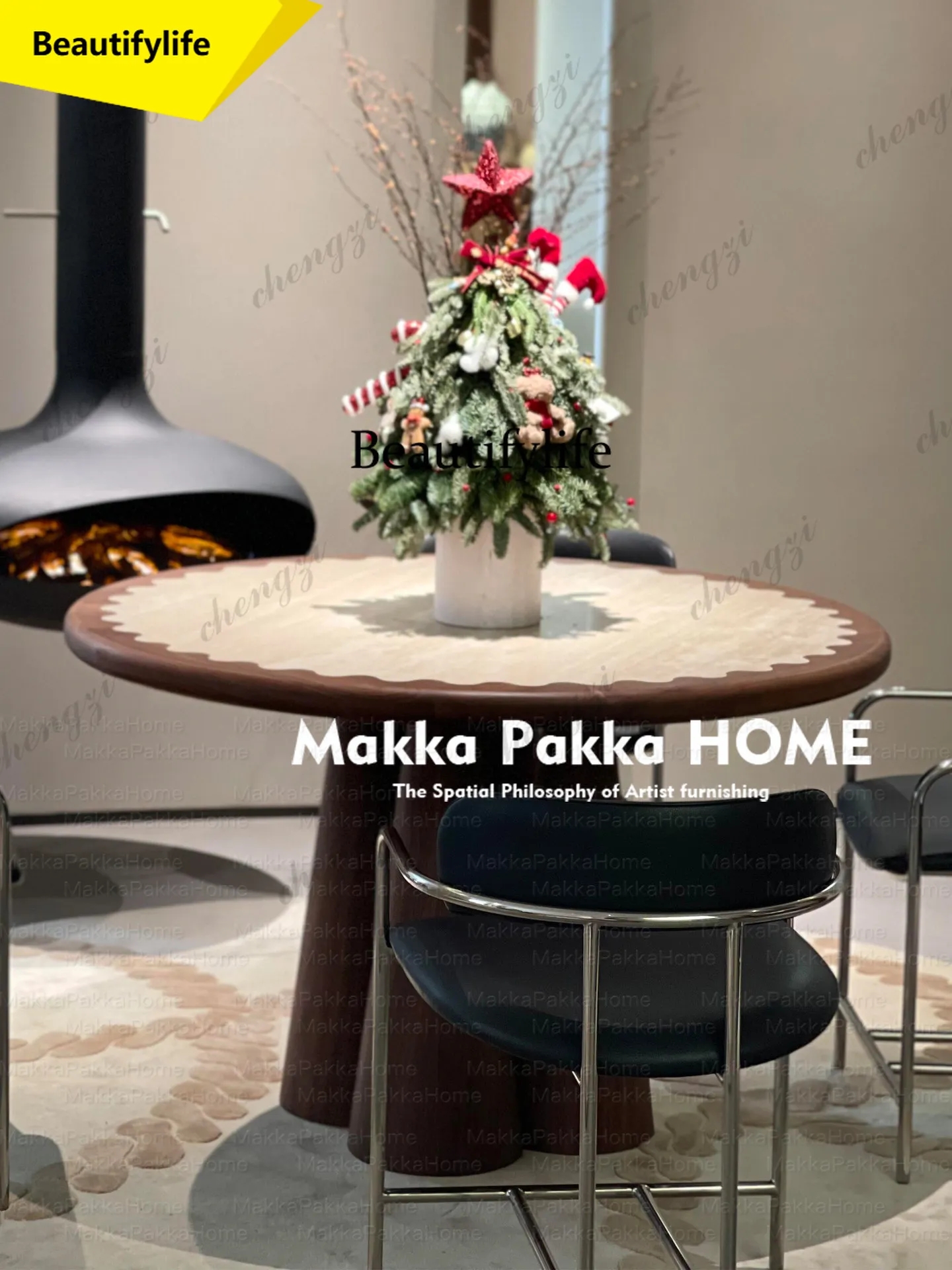 A17 Medieval wabi sand travertine round solid wood dining table, creative French retro style walnut color round table