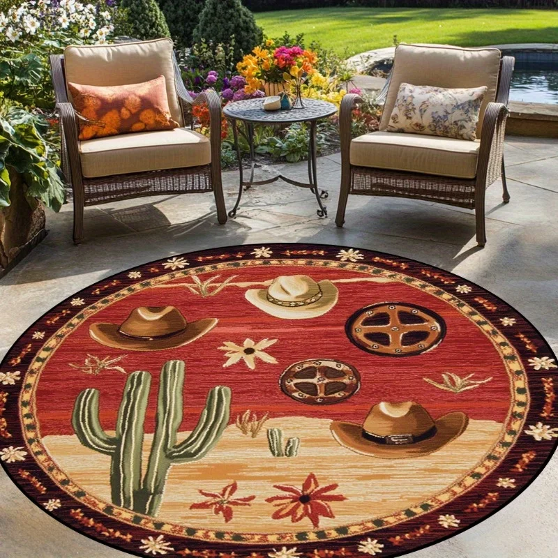 Western Horseshoe Cowboy Hat Round Area Rug, Cactus Floral Desert Motif Floor Mat for Living Room Bedroom and Balcony