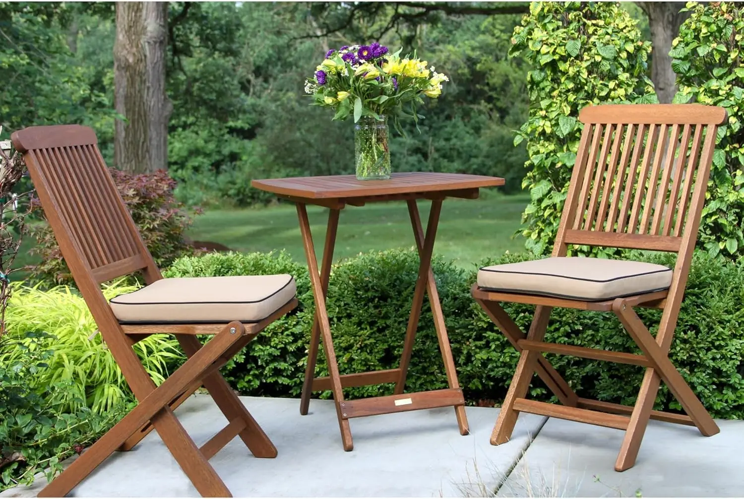 

Wood 3-Piece Square Foldable Bistro Outdoor Furniture Patio Set, Table and 2 Chairs with Cushions