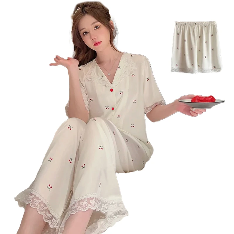 Little Fresh Cute Cherry Print Lace Pajamas for Women Sweet Korean Three-piece Female Lounges 2024 New Y2k Spring Sleep Clothing