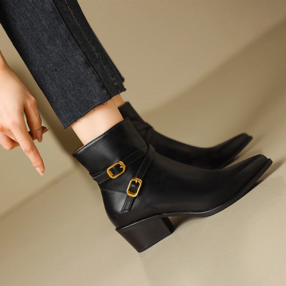 FEDONAS Autumn Winter Women Ankle Boots Pointed Toe Thick Heels Mature Office Lady Genuine Leather Basic Side Zipper Shoes Woman