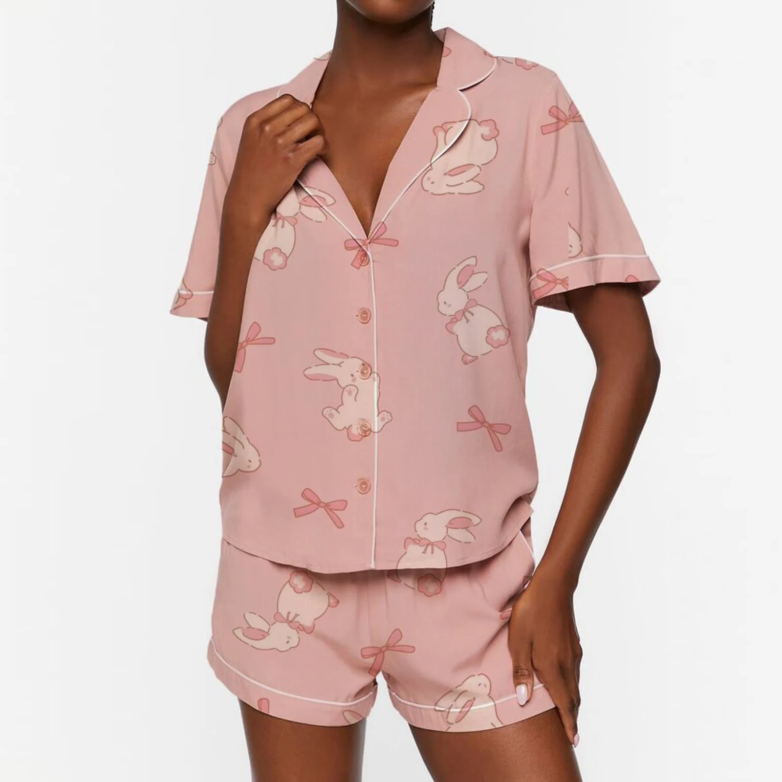 Women’s 2 Piece Pajamas Set Cute Bunny Print Short Sleeve Button Up Shirt + Shorts Set Home Clothes