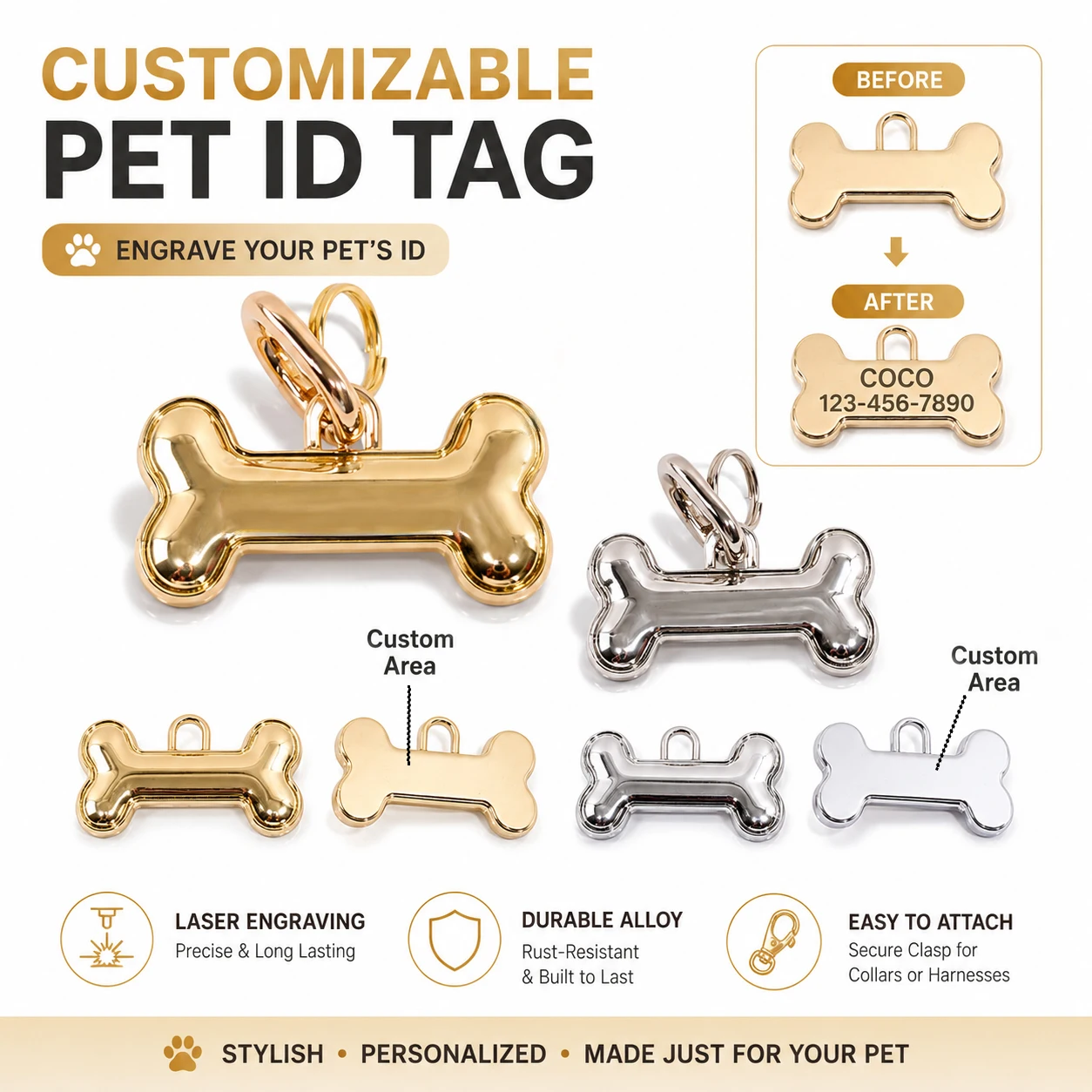 

Custom Engraved Pet ID Tag,Laser-engraved metal dog tag, Personalized Name & Phone for Dogs Cats Safety Custom Name Dog Tag