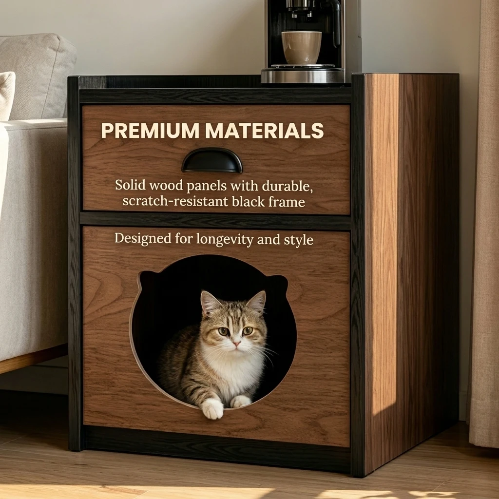 Wood Modern 2-in-1 Cat House Nightstand Drawer Multi-functional Bedside Table Pet Furniture for Bedroom/Living Room Apartment