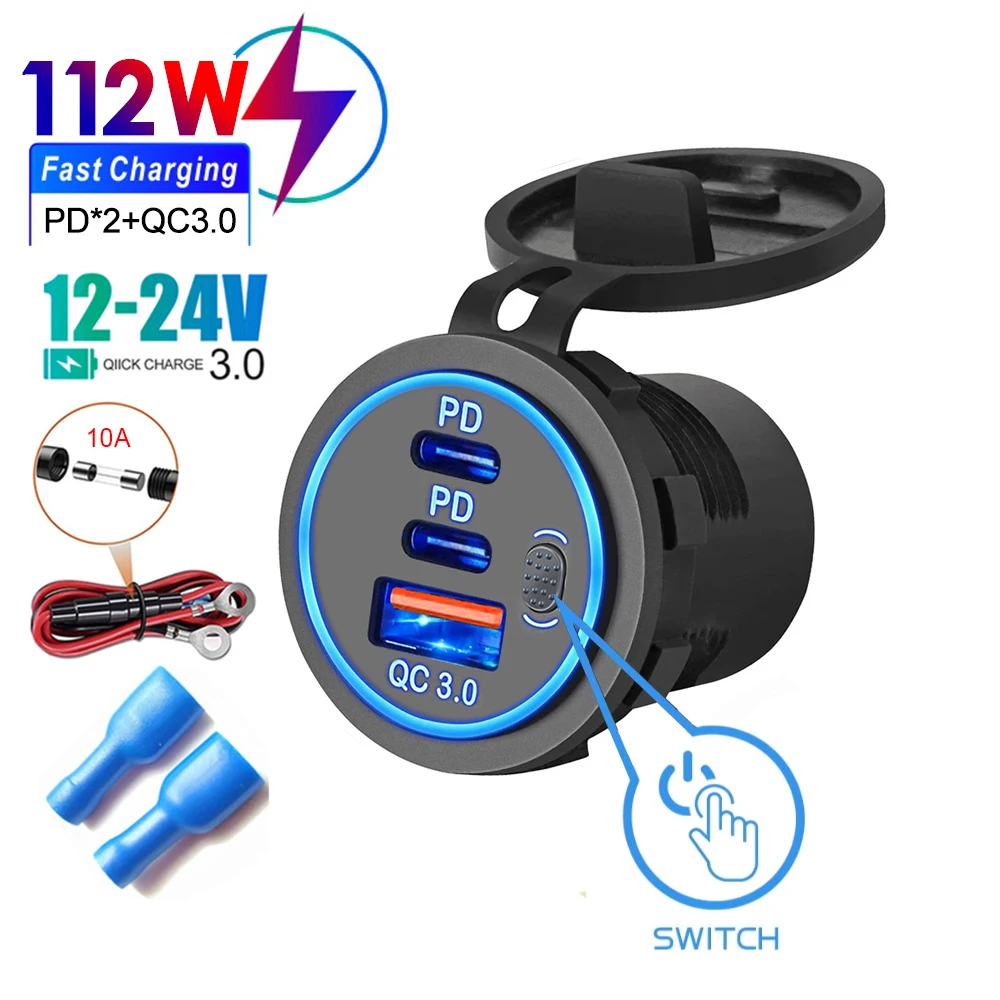 PD QC3.0 Schnelles Telefonladegerät mit zwei USB-Anschlüssen, wasserdicht, mit LED-Touch-Schalter, Netzteil für Huawei, iPhone, Samsung