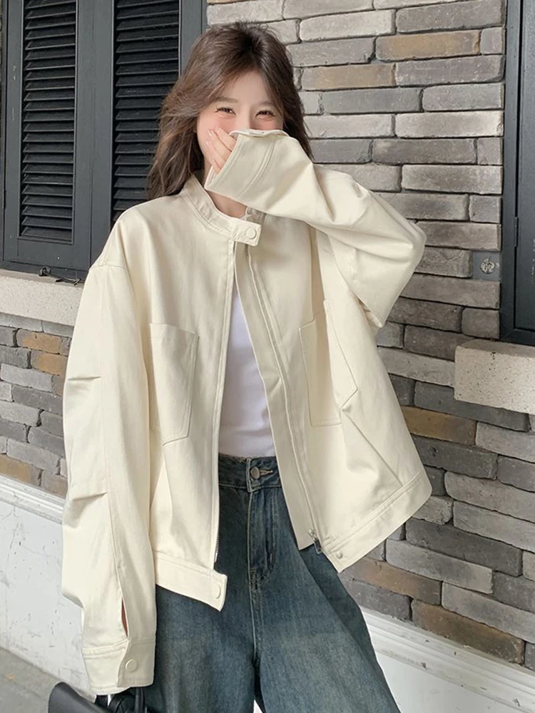 

Женская куртка-карго в консервативном стиле, свободная повседневная куртка с длинным рукавом, осеннее милое пальто, корейская мода, однотонные женские шикарные милые топы на молнии, новинка