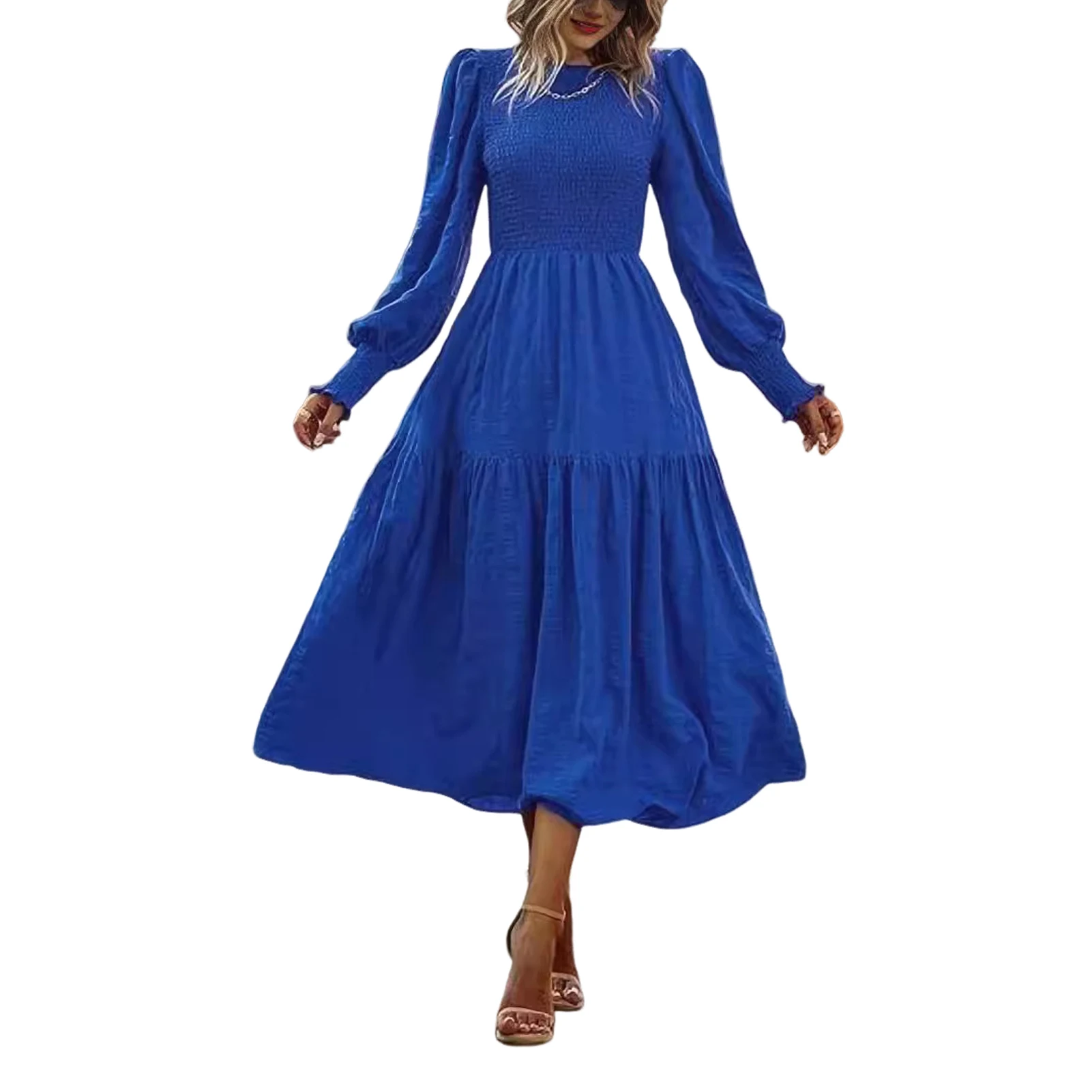 

Fall Spring Women Dress Long Lantern Sleeves Patchwork Round Neck Solid Color Pleated Bohemian Midi Dress Party Dating Dress