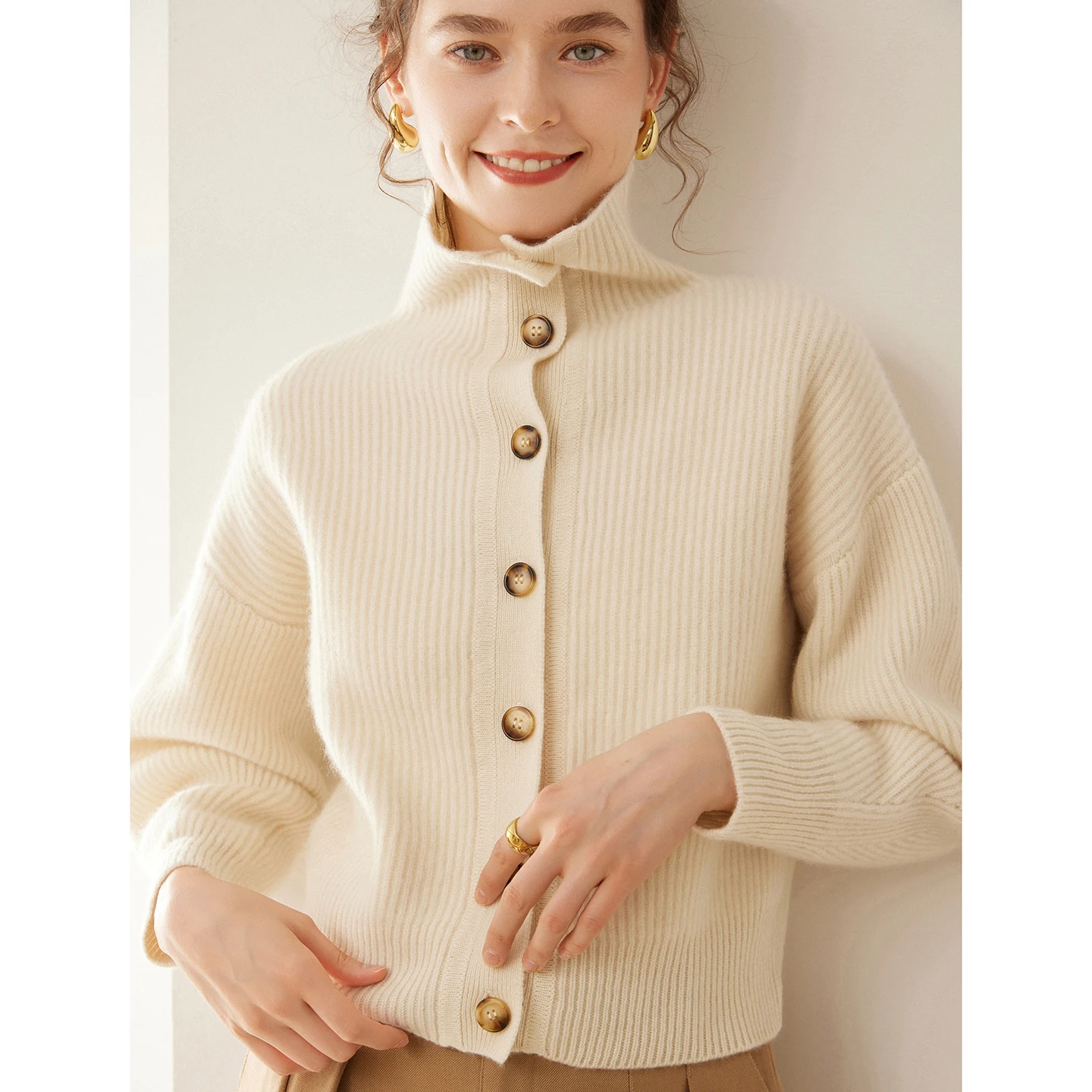 

2025 New Stand-Up Collar Button Cardigan Women's 100% Cashmere Stylish Classic Sweater Autumn Winter Warm Soft Casual Knit Coat