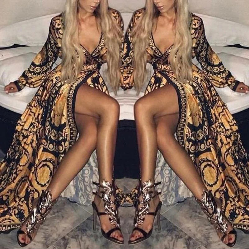 

Women Retro Dresses Bohemian Floral Print Gold Color Deep V Neck Womens Maxi Dress Sexy Paisley Female Party Dress Robe Clubwear