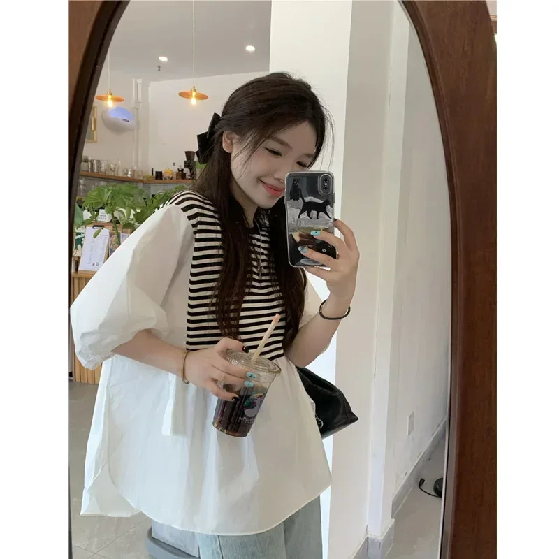 

Summer New Striped Patchwork Shirt Tops Round Neck Half Sleeve Loose Split Hem All-match Blouse Korean Fashion Women Clothing