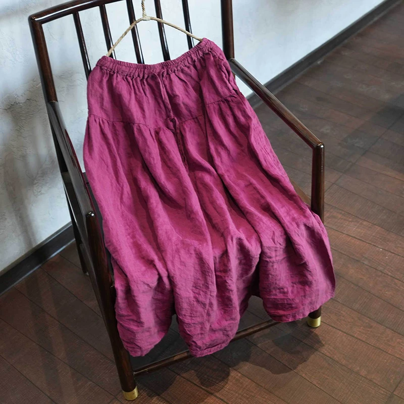 100% Linen Women Casual Skirt New 2026 Spring Vintage Style Solid Color Loose Comfortable Female A-line Long Skirts M2238