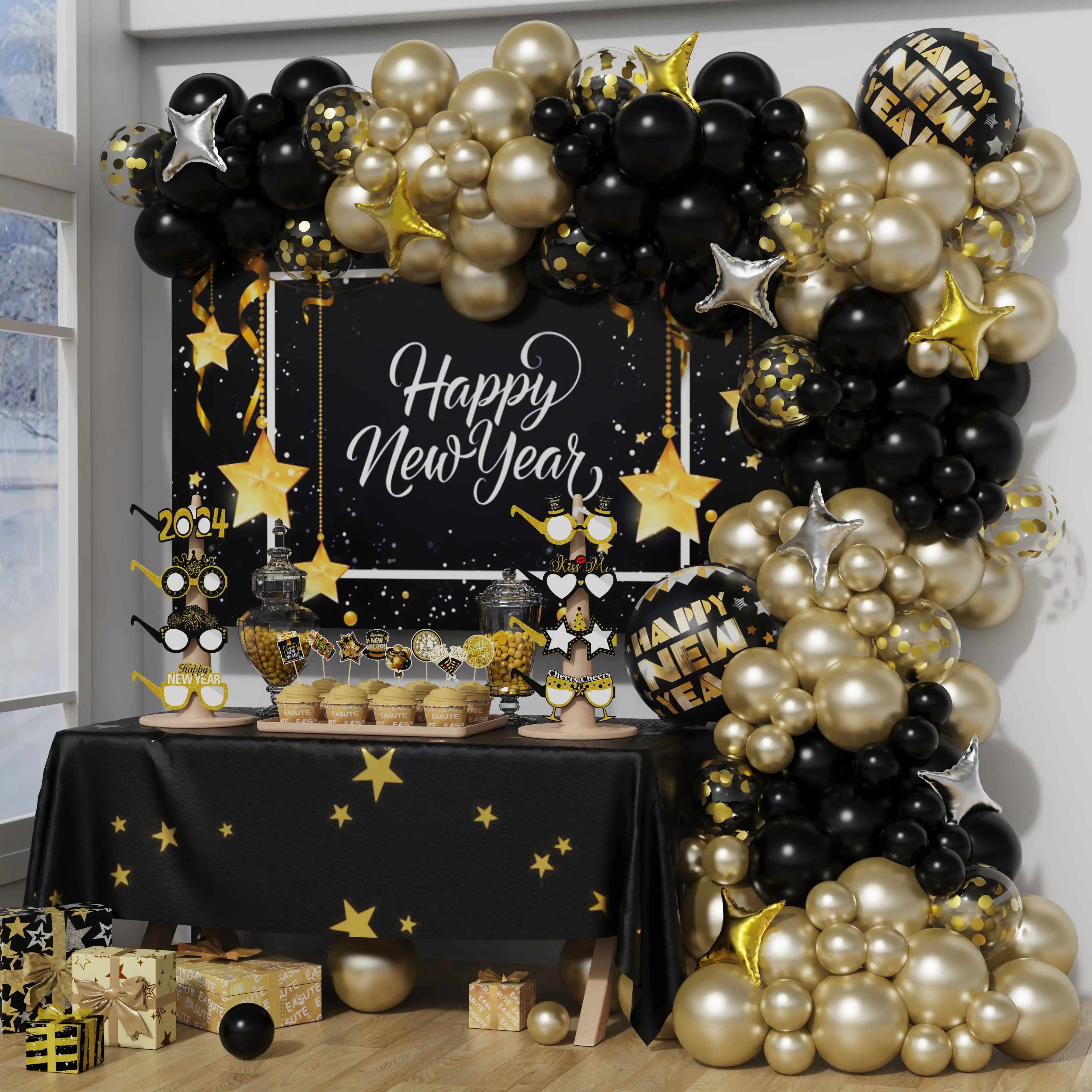 

New Year Black Gold Balloon 2024 Happy New Year Party Decorations For Home Christmas Balloons Wedding Birthday Party Supplies