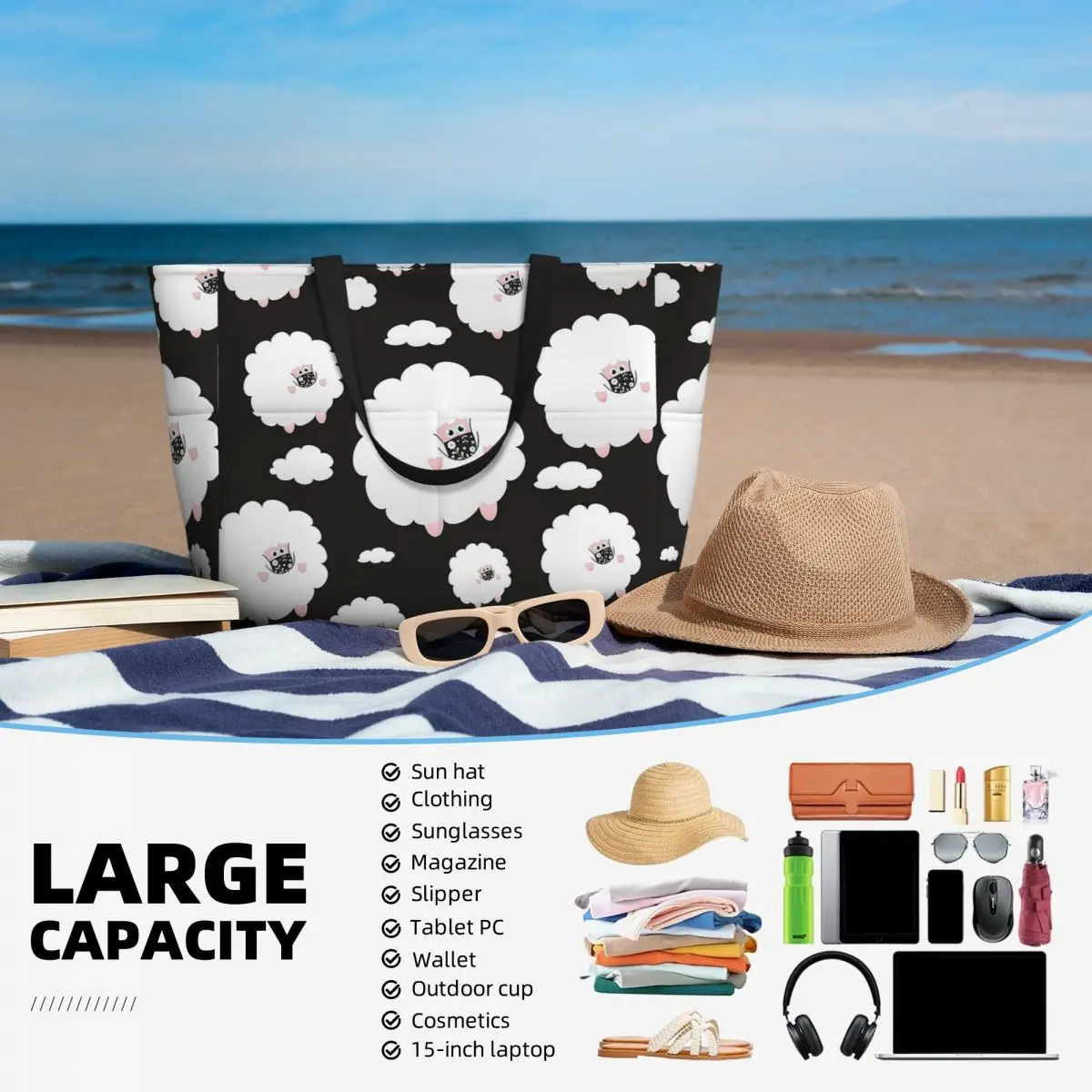 ملثمين الأغنام في السماء الأسود حقيبة حمل على الشاطئ حقيبة رياضية رياضة اليوغا واق من المطر كبير حمل حقيبة المرأة حقيبة سفر حقيبة اللياقة البدنية