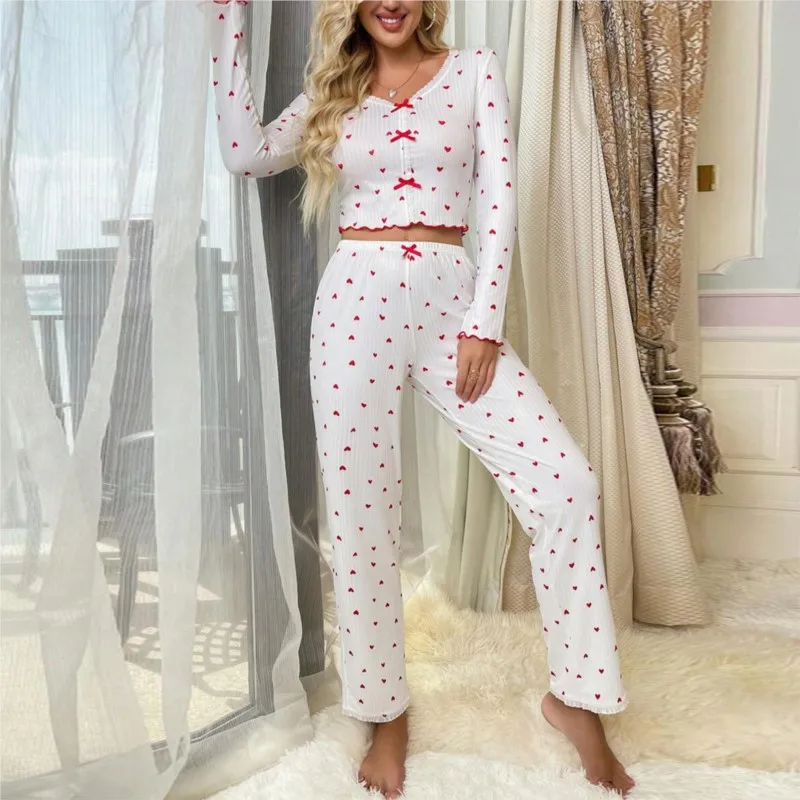 Elegant White Ribbed Heart Print Pants Set Pajamas Set Women Lace Trim V Neck Bow Sleepwear Tops Elastic Long Pant Nightwear