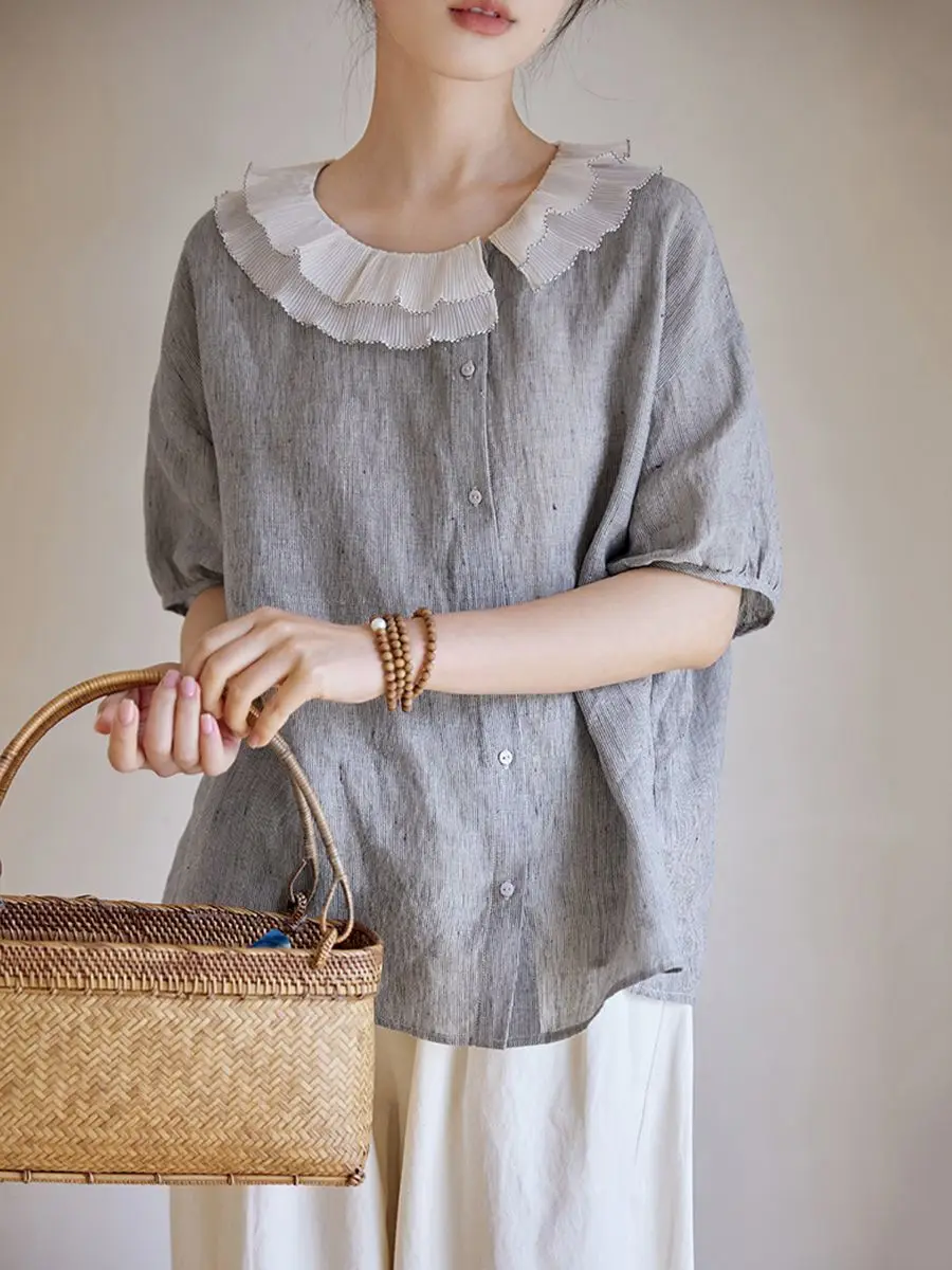 

Топ из хлопка и льна с кружевным воротником, свободная плиссированная рубашка с короткими рукавами, женский летний новый стиль