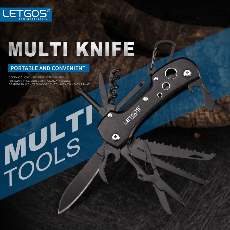 LETGOS Multitool Knife, 15 in one folding portable fruit knife, outdoor camping survival tools with Storage Box as gift for men