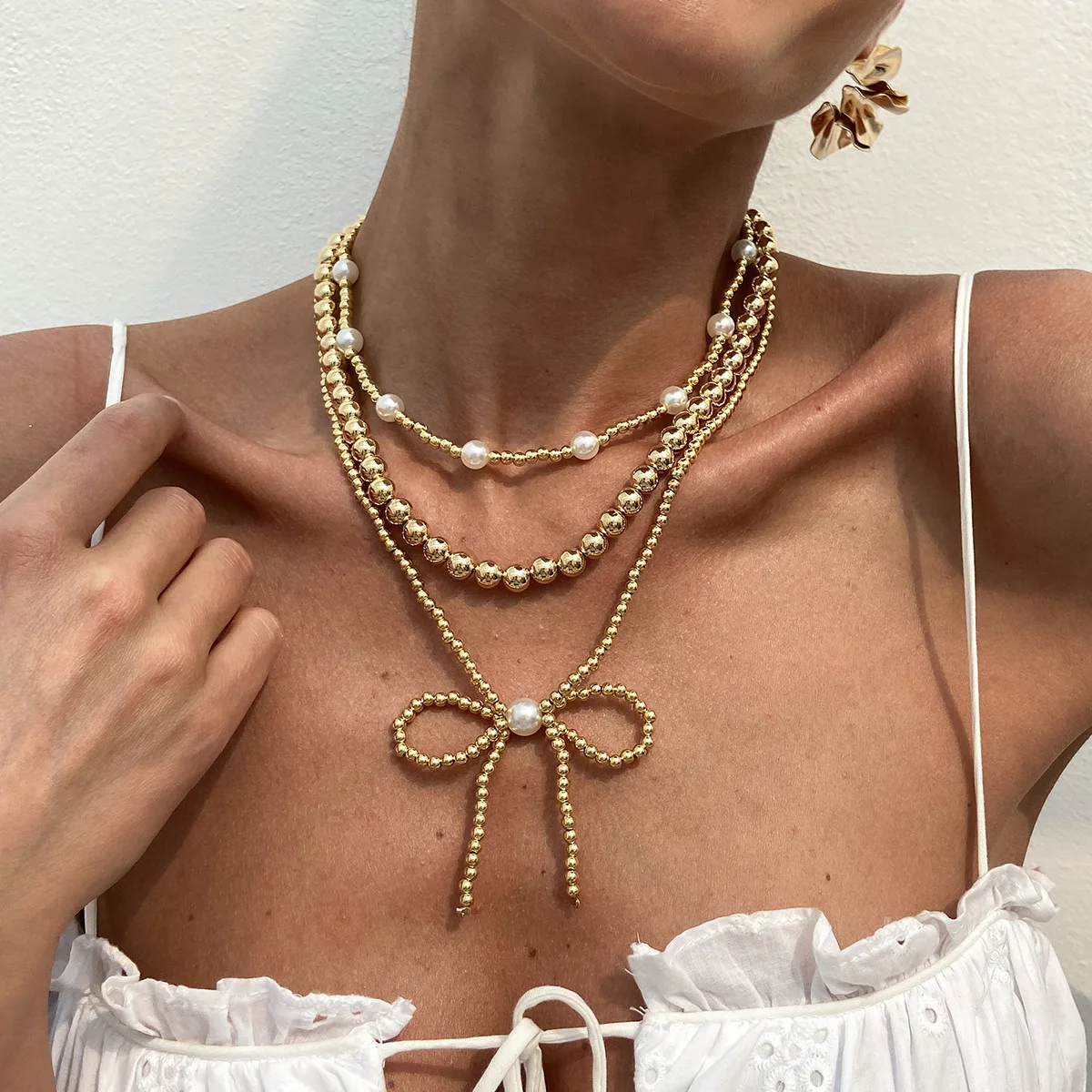 Vintage Imitation Pearl Beaded Necklace with CZ Bow 6 Vintage Imitation Pearl Beaded Necklace with CZ Bow