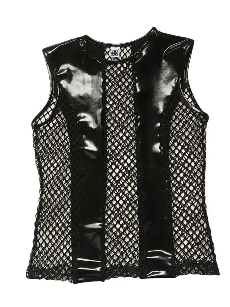 Sexy Men's Vest PU Leather Patchwork Mesh See Through Tank Tops Nightclub Man Tops Sleeveless T-shirts Punk Male Clothing