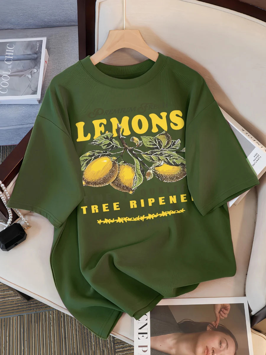 Lemons Fruits Premium Fresh Printing T Shirt Woman Loose Cotton Sportswear O-Neck Casual T Shirts Loose All-Match Short Sleeve