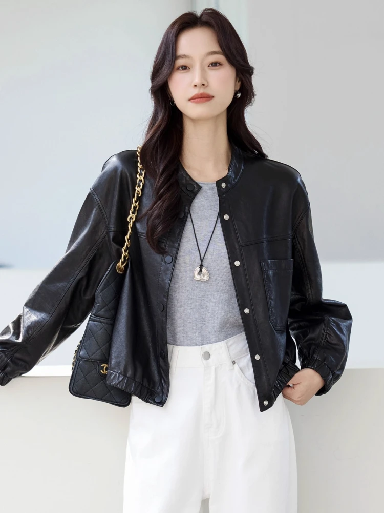 Oネックカジュアル本革ジャケット レディース 春秋 2025 高級 シンプル ソフトオイルワックス ブラック ショート 本革シープスキンコート
