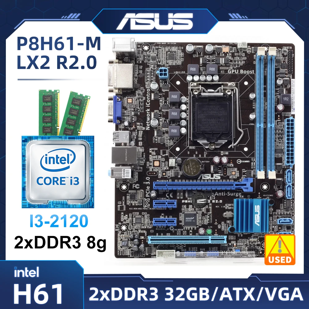 

1155 motherborad kit ASUS P8H61-M LX2 R2.0 with i3-2120 cpu+ 2xDDR3 8g ram support i3-2100 i5 2500 cpu Intel H6 PCI-E 2.0