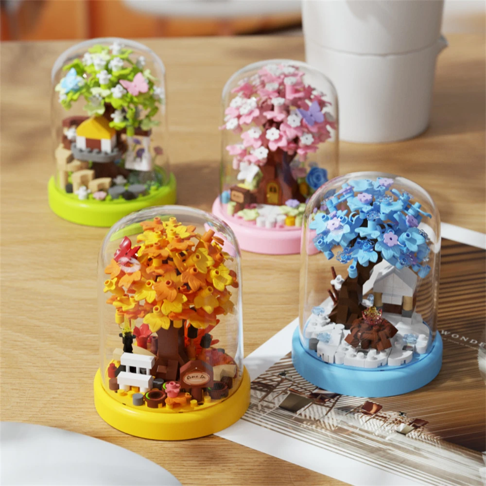 Creatività della città Serie di case sull'albero delle quattro stagioni Street View Micro blocchi di costruzione Modello di mattoni Decorazione della casa Giocattolo per bambini