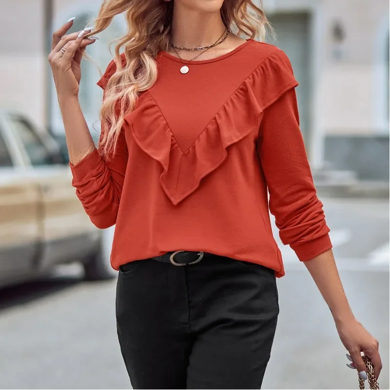 

2023 Spring and Autumn Solid Round Neck Pullover Long Sleeve Slim Knitted Flonce Fashion Casual Formal Office Lady Tops