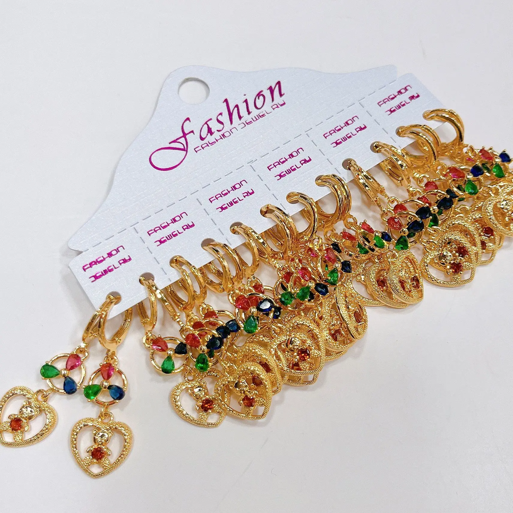 12Pairs Gold-Plated Heart Drop Earrings with Zirconia Embedded Colorful Dangle Fashion Jewelry Accessories for Wedding Gift