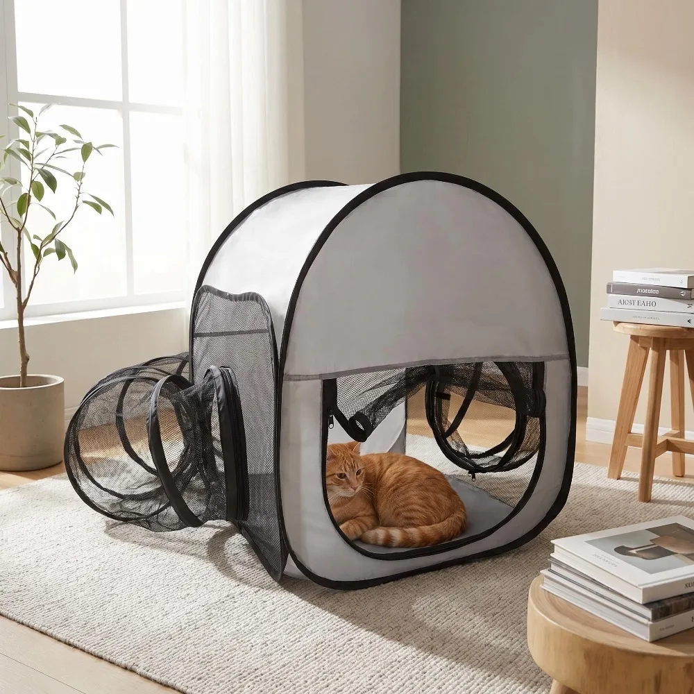 

Breathable Mesh Cat Playpen, Foldable Pet Fence with Tunnel, Indoor Outdoor Enclosure for Kitten Rabbit Puppy